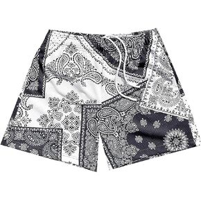 MECH-ENG Men's Paisley Shorts Mesh Graphic Bandana Print Boho Summer Beach Lightweight Drawstring Shorts