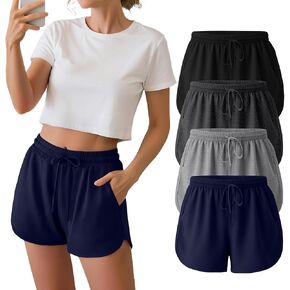 Neer 4 Pack Women's Sweat Shorts, Cotton Casual Athletic Workout Shorts with Pockets Drawstring Summer Lounge Bottoms