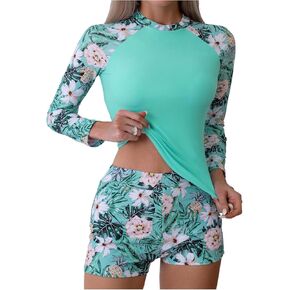 COZYEASE Women's 2 Piece Boho Floral Print Long Sleeve High Waisted Tankini Swimsuit Rash Guard Set
