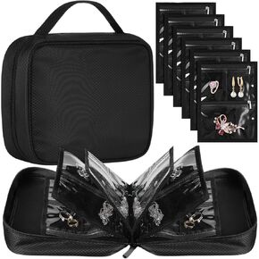Travel Jewelry Organizer Case Transparent Jewelry Storage Book Organizer Binder Bag for Earring, Ring, Necklace, Bracelet, Watch, with 6 Clear Velvet Jewelry Pouch Zipper Bags(Black)