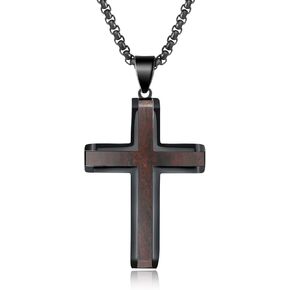 Wooden Cross Necklace for Men, Hand Polished Ebony Inset In Black Stainless Steel Christian Mens Cross Pendant Wood, 24" Round Box Chain