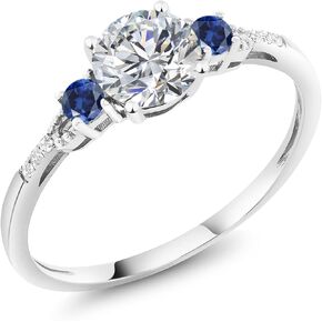 Gem Stone King 10K White Gold Lab Grown Diamond and Blue Created Sapphire Engagement Ring For Women | 0.87 Cttw | Round 6MM | Gemstone April Birthstone | Available in Size 5,6,7,8,9