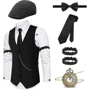 6PCS Mens 1920s Gatsby Custome Outfits Elegant Vest and Hat Accessories for Roring 20's 30's Themed Party