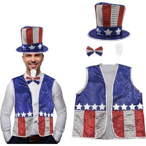 Nicky Bigs Novelties Patriotic Uncle Sam Costume Set for Adults Deluxe Sequin Top Hat American Flag Vest Bowtie & White Beard Red White Blue 4th of July Parade Outfit for Men Women