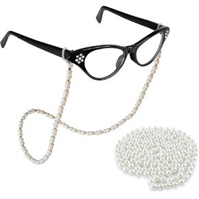 Old Lady Costume Accessories for Women Rhinestone Cat Eye Glasses Beaded Faux Pearl Necklace Cosplay Party Dress Up Costume Accessories (Black)