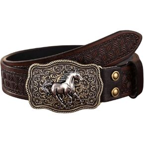 Women's Retro Vintage Horse Metal Buckle Belt Faux Leather Floral Western Waist Belts