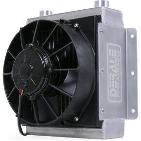 Derale Fluid Cooler and Fan, 12-3/8 x 11-7/8 x 8-1/2 in, Tube Type, 7/8-14 in Female O-Ring Inlet Fitting, 7/8-14 in Female O-Ring Outlet Fitting, Universal, Each (65861),Black