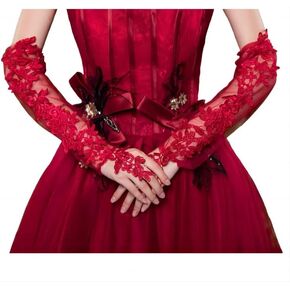 Lace Gloves Women Tea Party,Long Opera Party Gloves for Women,Women's Long/Short Stretchy Mesh Tulle Sheer Gloves (Burgundy)