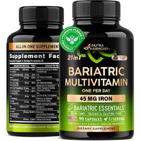 Bariatric Multivitamin - 45 mg Iron Supplements - Made in USA - for Women & Men - All-in-One, 21 Essential Vitamins - Gastric Sleeve Support - Free of Sugar, Gluten & Soy - 90 Capsules