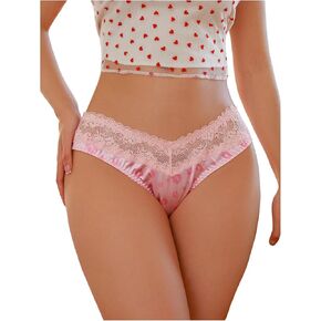 SHENHE Women's Ruffle Trim Satin Bikini Panty Low Rise Peach Print Cute Silky Underwear