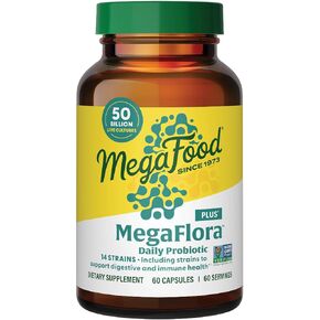 MegaFood MegaFlora Probiotic Plus - Probiotics for Women Digestive Health- Probiotics for Men - 50 Billion CFUs & 14 Strains - Immune Support Supplement - Vegetarian - 60 Capsules, 60 Servings