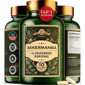 Akkermansia Muciniphila Probiotic - 10 Billion CFU GLP-1 Booster with Lactobacillus Salivarius, Betaine HCL, Inulin, Tributyrin - Fiber Supplement for Gut Health & Weight Management