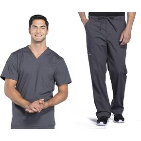 Men Scrubs Set Workwear Professionals WW695 V-Neck Top & WW190 FACRED LEG FLY PARTH PANT PANT ، Pewter- XL TOP/XL PANT