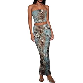 GORGLITTER Women's Leopard Print Two Piece Skirt Sets Y2k Strapless Tube Tops Bodycon Maxi Skirts