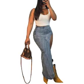 Molisry Women’s High Split Denim Maxi Skirt Frayed High Waisted Sexy Summer Irregular Jeans Skirt Streetwear