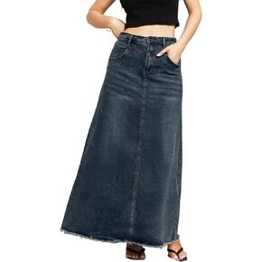 Women's Maxi Jean Skirt High Waisted A-Line Long Denim Stretch Skirts with Frayed Raw Hem for Ladies