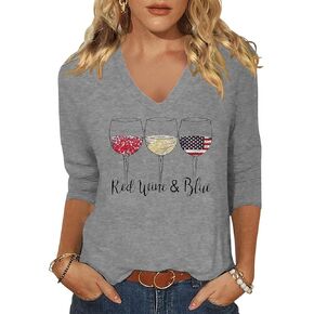 Womens 3/4 V Neck Sleeve American Flag Shirts 4th of July Summer Shirts Graphic Tops