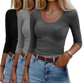 3 Pack Women's 3/4 Sleeve T Shirts Basic Scoop Neck Ribbed Knit Slim Fit Tops 2025 Summer Casual Tight Tees