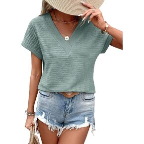 EVALESS Womens 2025 V Neck Cap Short Sleeve T Shirts Fashion Trendy Spring Summer Loose Fit Plain Cute Textured Tops Casual Tee Blouses Clothes,Light Blue Large