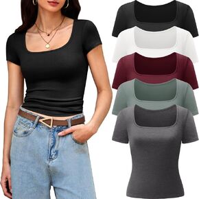 CE' CERDR 5 Pack Womens Square Neck T Shirts Short Sleeve Shirts Summer Cute Tops Basic Tees Y2k Slim Going Out Crop Tops