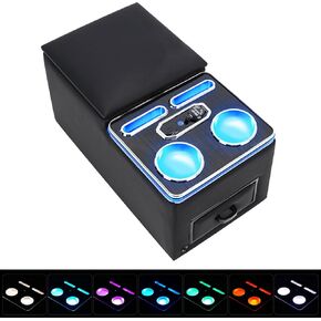 Center Console Organizer, Rear Bench Seat Armrest Organizer with Fast Phone Charging & Cup Holders, Automotive Center Storage Box Upgraded 7-Color Adjustable LED Lighting for Car Minivan Van Truck