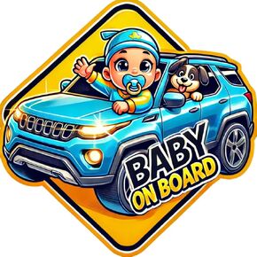 Baby On Board Magnet – Cute Baby and Dog in Blue SUV Design | 5"x5" Child Safety Car Sign by SIGNS THAT POP – Magnetic, Weatherproof | Cartoon Vehicle Magnet (1 Pack)