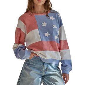 HOXIJIA Women 4th Of July Sweatshirt Long Sleeve Flag Graphic Oversied Casual Pullover Tops Patriotic Jumper