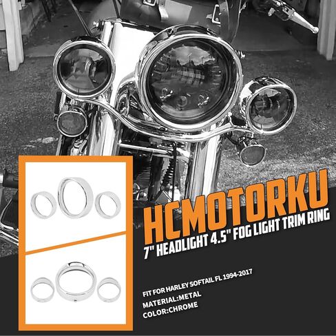 Motorcycle 7" Headlight Trim Ring 4.5" Fog Light Trim Ring Set Visor Style Fit for Harley Softail FL 1994-2017 (Black) in Kuwait