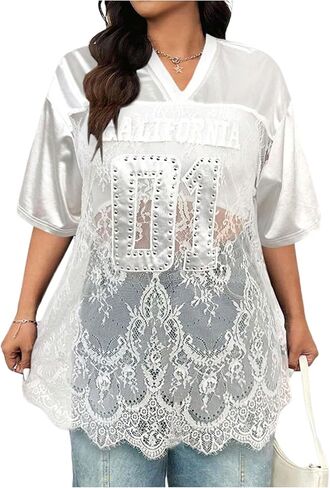 SOLY HUX Women's Plus Size Jersey Shirts Lace Sheer V Neck Half Sleeve Number Graphic Tees Casual T Shirt in Kuwait