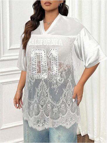 SOLY HUX Women's Plus Size Jersey Shirts Lace Sheer V Neck Half Sleeve Number Graphic Tees Casual T Shirt in Kuwait