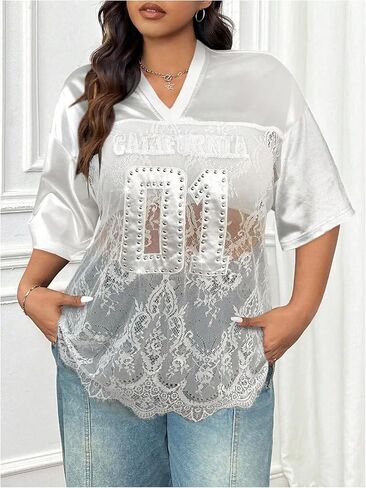 SOLY HUX Women's Plus Size Jersey Shirts Lace Sheer V Neck Half Sleeve Number Graphic Tees Casual T Shirt in Kuwait