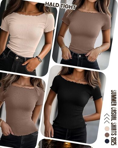 Riyiper 3 Pack Women's Lettuce Trim Boat Neck Tops Ribbed Short Sleeve T-Shirts Crop Slim Fit Summer Basic Tees Shirt in Kuwait