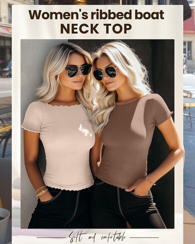 Riyiper 3 Pack Women's Lettuce Trim Boat Neck Tops Ribbed Short Sleeve T-Shirts Crop Slim Fit Summer Basic Tees Shirt in Kuwait