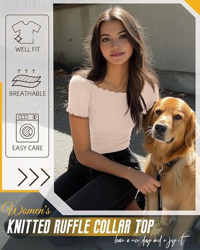 Riyiper 3 Pack Women's Lettuce Trim Boat Neck Tops Ribbed Short Sleeve T-Shirts Crop Slim Fit Summer Basic Tees Shirt in Kuwait