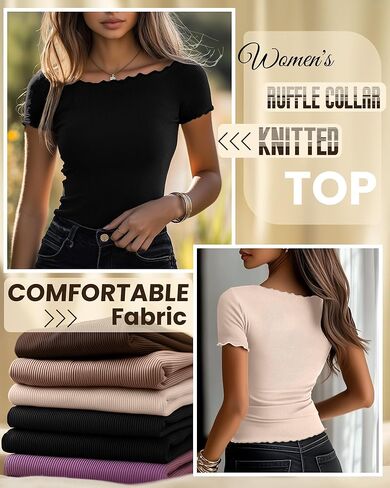 Riyiper 3 Pack Women's Lettuce Trim Boat Neck Tops Ribbed Short Sleeve T-Shirts Crop Slim Fit Summer Basic Tees Shirt in Kuwait