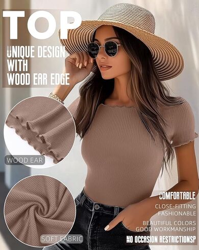 Riyiper 3 Pack Women's Lettuce Trim Boat Neck Tops Ribbed Short Sleeve T-Shirts Crop Slim Fit Summer Basic Tees Shirt in Kuwait