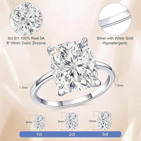 3CT/5CT Elongated Cushion Cut Engagement Ring for Women, Promise Wedding Cubic Zirconia White Gold Plated Band Size 5-9 in Saudi Arabia