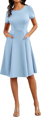 Women's Summer Dresses Casual Crewneck Church Cocktail Midi Dresses with Pockets in Saudi Arabia