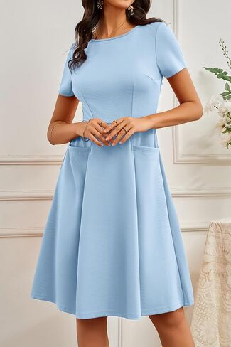 Women's Summer Dresses Casual Crewneck Church Cocktail Midi Dresses with Pockets in Saudi Arabia