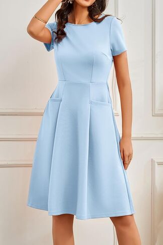 Women's Summer Dresses Casual Crewneck Church Cocktail Midi Dresses with Pockets in Saudi Arabia