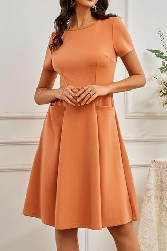 Women's Summer Dresses Casual Crewneck Church Cocktail Midi Dresses with Pockets in Saudi Arabia