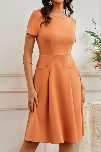 Women's Summer Dresses Casual Crewneck Church Cocktail Midi Dresses with Pockets in Saudi Arabia
