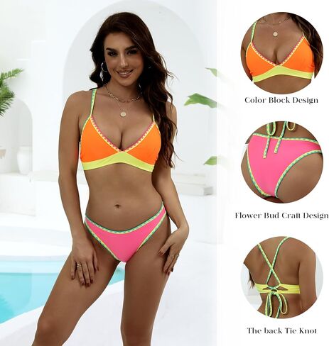HXN Women’s Two Piece Bikini Sets Neon Color Block Sexy Swimwear Swimsuit Triangle Bathing Suit in Saudi Arabia