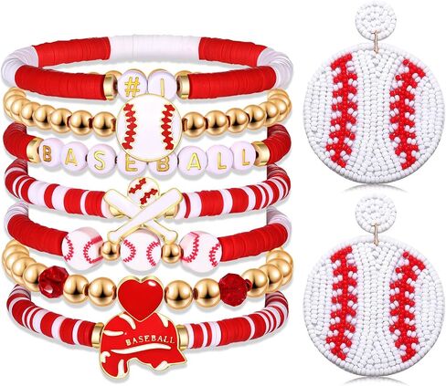 Baseball Bracelets Earrings for Women Stackable Preppy Beaded Heishi Bracelets Beaded Dangle Earrings Game Day Sports Baseball Mom Jewelry Accessories Party Favors in Kuwait