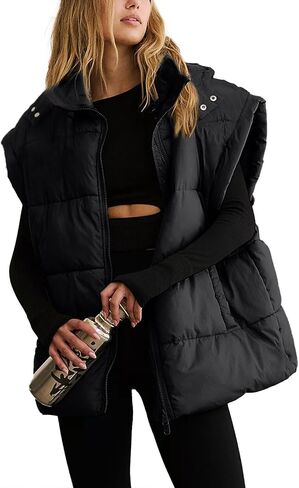Shiyifa Womens Oversized Puffer Vest Sleeveless Lightweight Zip Up Padded Gilet Warm Coat Outwear with Detachable Hood in Kuwait
