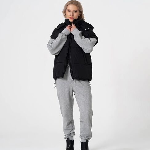 Shiyifa Womens Oversized Puffer Vest Sleeveless Lightweight Zip Up Padded Gilet Warm Coat Outwear with Detachable Hood in Kuwait