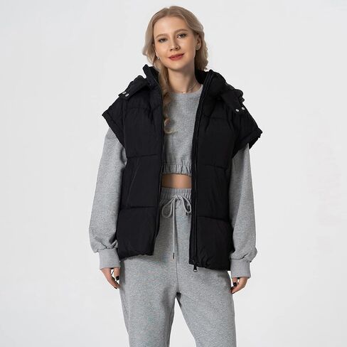 Shiyifa Womens Oversized Puffer Vest Sleeveless Lightweight Zip Up Padded Gilet Warm Coat Outwear with Detachable Hood in Kuwait