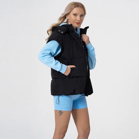 Shiyifa Womens Oversized Puffer Vest Sleeveless Lightweight Zip Up Padded Gilet Warm Coat Outwear with Detachable Hood in Kuwait