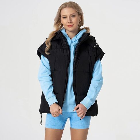 Shiyifa Womens Oversized Puffer Vest Sleeveless Lightweight Zip Up Padded Gilet Warm Coat Outwear with Detachable Hood in Kuwait