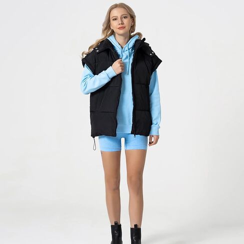 Shiyifa Womens Oversized Puffer Vest Sleeveless Lightweight Zip Up Padded Gilet Warm Coat Outwear with Detachable Hood in Kuwait